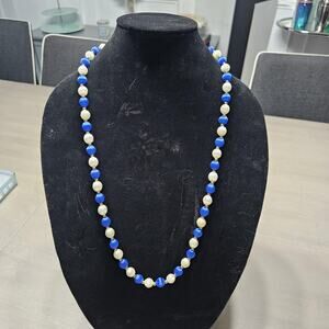 Vintage Blue & White Silk Thread Bead Necklace